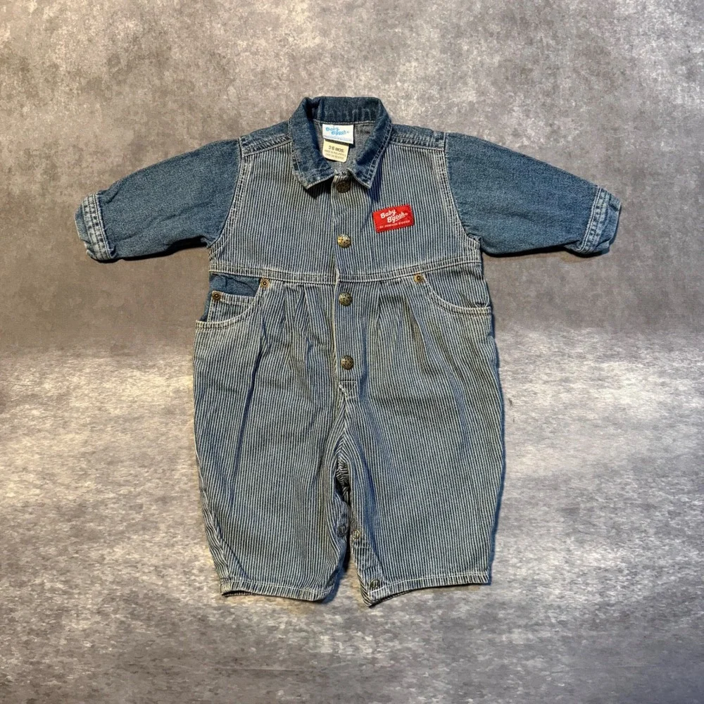 Vintage Baby B Gosh OshKosh Denim Hickory Stripe Romper Jumpsuit 3/6 Months 7612